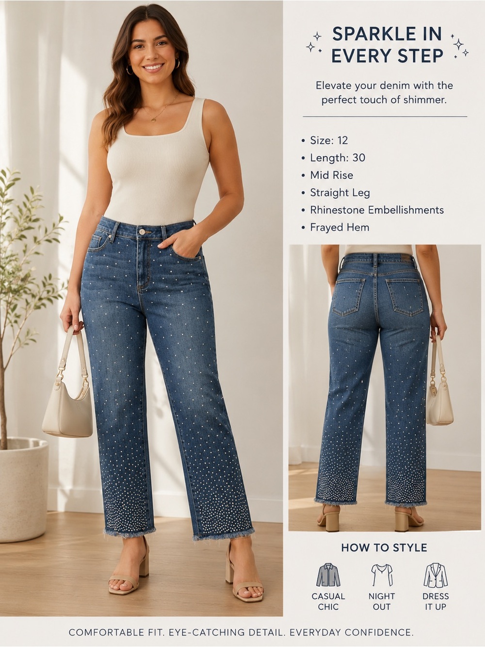 Boyfriend Jeans with White Crystal Embellishment - Dark Wash
